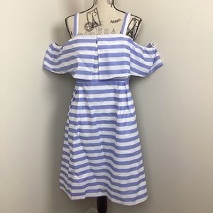 .047 Women’s Blue White Stripes Cold Shoulder Dress Off Shoulder Spaghetti Strap
